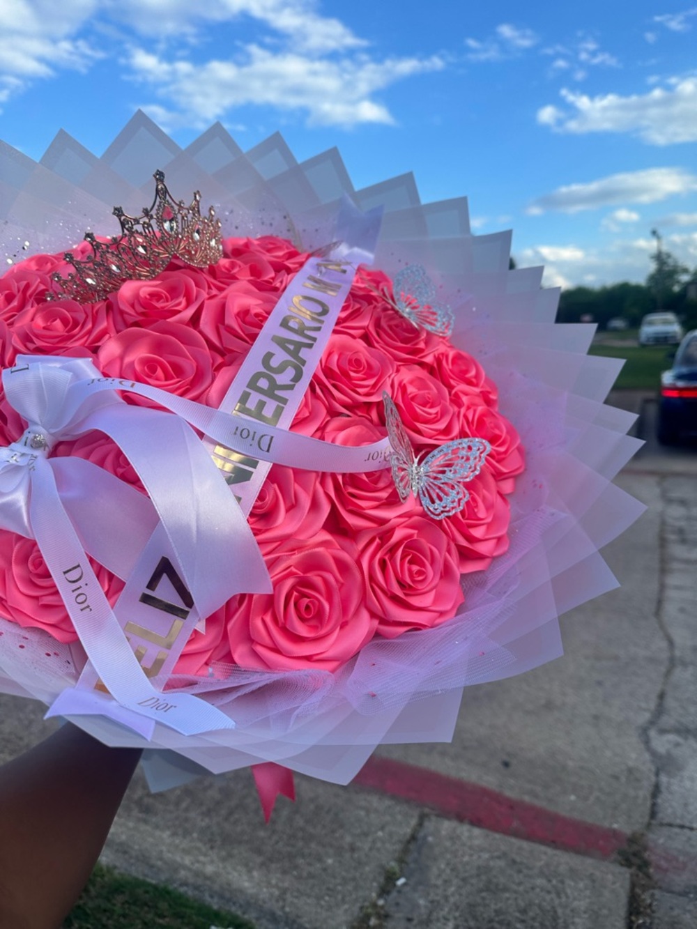 Dior Hot Pink Rose Bouquet with Gold Tiara & Silver Butterflies